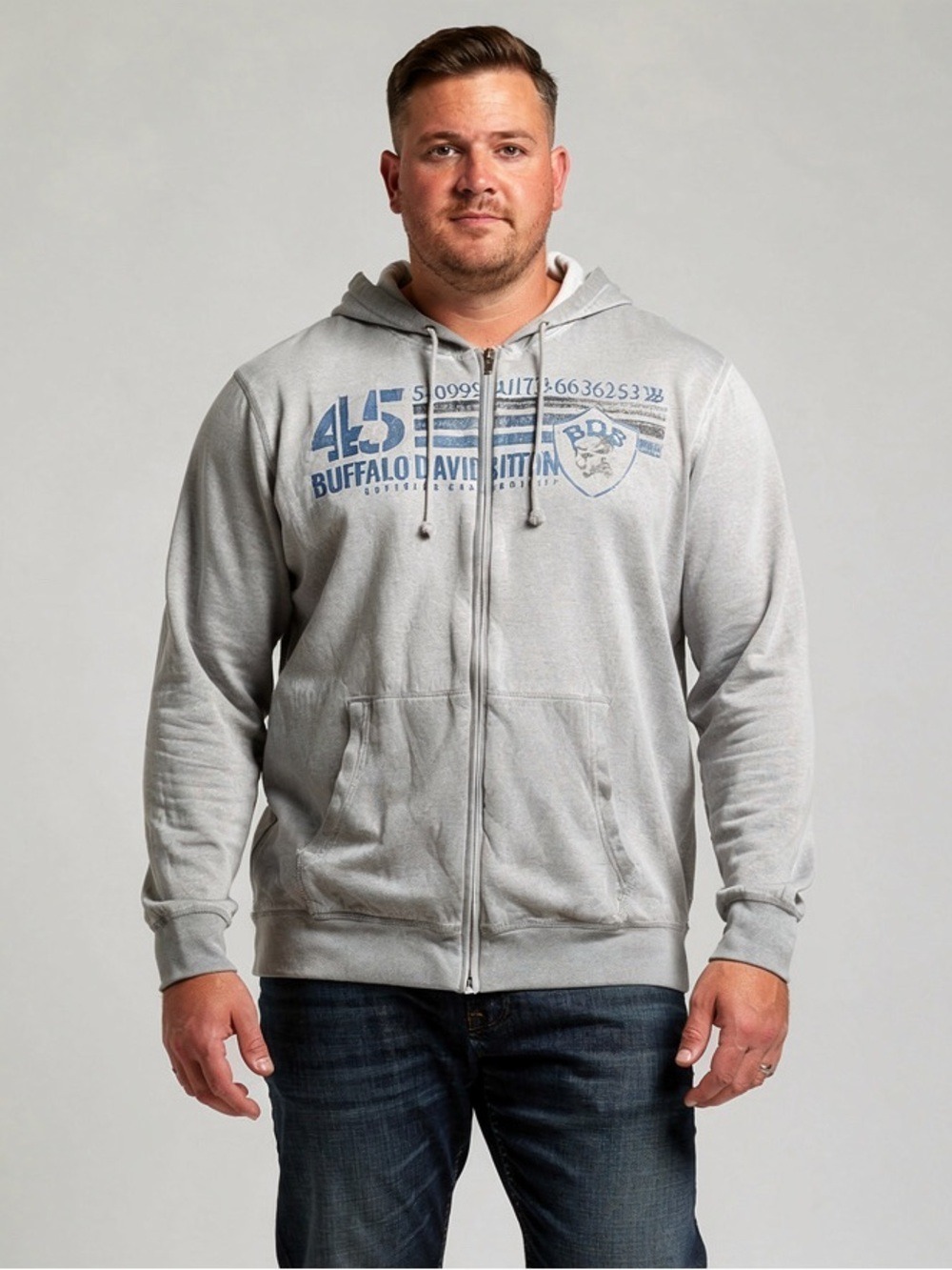 Buffalo David Bitton Gray Graphic Full Zip Hoodie Lightweight Cotton Mens LG